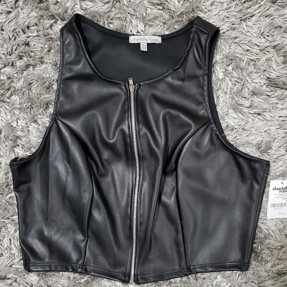 Pleather black zip up crop